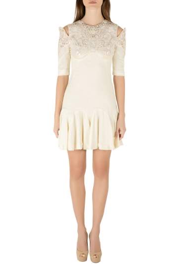 Pre Owned Alexander McQueen Buttercream Crepe Embellished Cold Shoulder Godet Dress S
