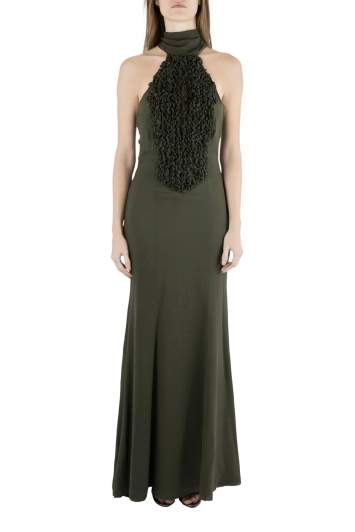 Pre Owned Valentino Olive Green Silk Ruffled Neck Halter Maxi Dress S