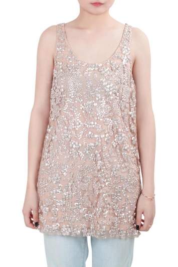 Pre Owned Vera Wang Collection Blush Pink Sequin Embellished Tulle Overlay Sleeveless Top S