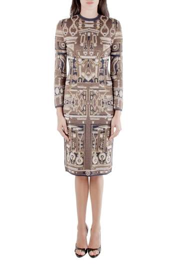 Pre Owned Mary Katrantzou Metallic Gold and Navy Blue Jacquard Knit Midi Dress XS