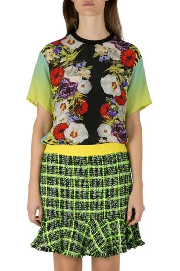 Pre Owned Versace Multicolor Floral Print Silk Ombre Sleeve Detail Crew Neck T Shirt M
