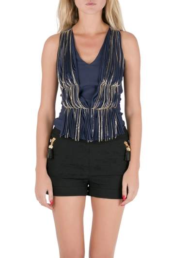 Pre Owned Philosophy Blue Silk Gathered Pleat Front Metal Chain Detail Sleeveless Top S