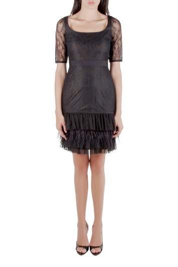 Pre Owned Marchesa Notte Black Lace Ruffle Tiered Hem Feather Insert Cocktail Dress M