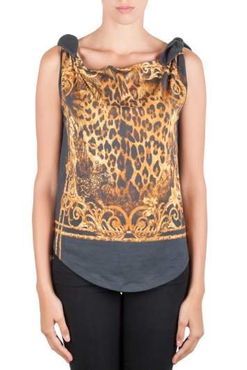 Pre Owned Balmain Green and Gold Leopard Print Cotton Shoulder Tie Detail Top S