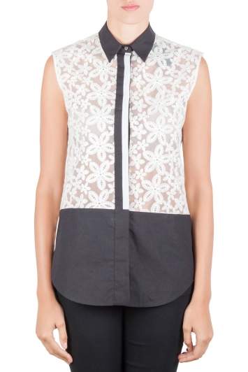 Pre Owned Joseph Off White Sheer Broderie Anglaise Contrast Trim Sleeveless Top M