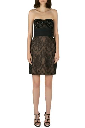 Pre Owned Marchesa Notte Black Sequin Embellished Lace Overlay Strapless Pencil Dress M