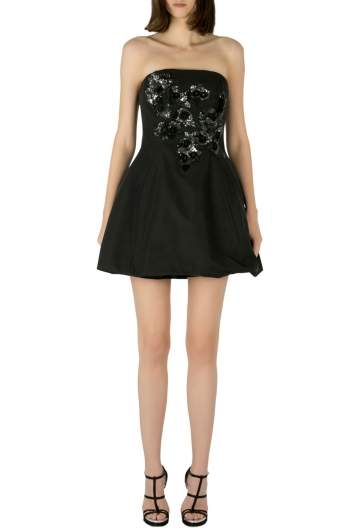 Pre Owned Marchesa Notte Black Cotton Silk Floral Sequined Appliqué Strapless Mini Dress S
