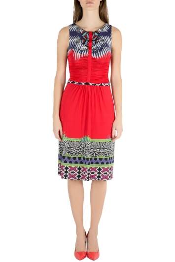Pre Owned Etro Red Abstract Print Stretch Knit Ruched Front Sleeveless Midi Dress S
