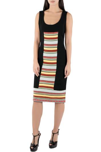 Pre Owned Fendi Black Rib Knit Multicolor Stripe Paneled Sleeveless Sheath Dress M