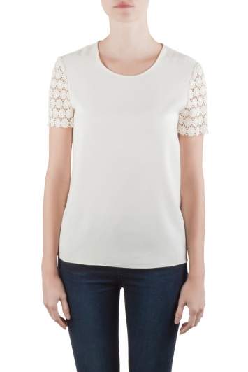 Pre Owned Moschino Cheap and Chic Cream Crepe and Lace Sleeve Detail Top S 
