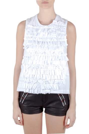 Pre Owned Comme des Garcons White Ruffle Cotton Back Open Buckle Detail Top M 