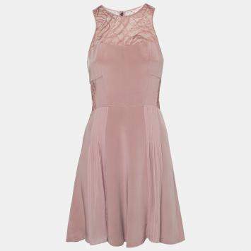 Pre Owned Rebecca Taylor Blush Pink Silk Lace Insert Pleated Cocktail Dress M