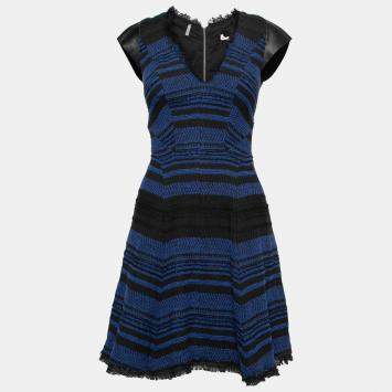 Pre Owned Rebecca Taylor Black and Blue Textured Tweed and Leather Sleeve Dress XS 