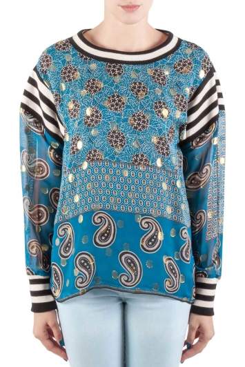 Pre Owned Anna Sui Teal Blue Bouquet Scarf Print Silk Ribbed Trim Tunic Top M