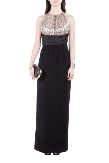 Pre Owned Mikael Aghal Black Crepe and Gold Sequin Embellished Gown S 