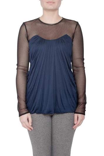 Pre Owned Yigal Azrouel Navy Blue Jersey and Sheer Mesh Detail Long Sleeve Top M 