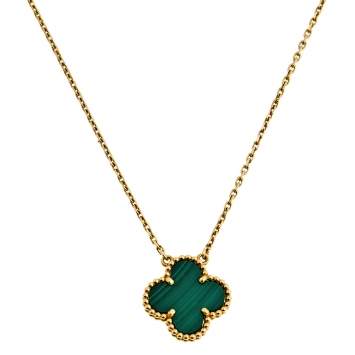 Pre Owned Van Cleef & Arpels Vintage Alhambra Malachite Yellow Gold Pendant Necklace