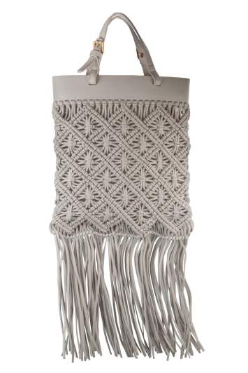 Pre Owned Tory Burch White Leather Macrame Fringe Crossbody Bag