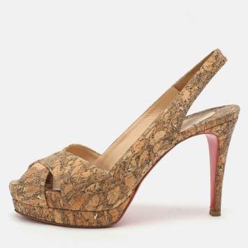 Pre Owned Christian Louboutin Beige Cork Soso Criss Cross Platform Slingback Sandals Size 37