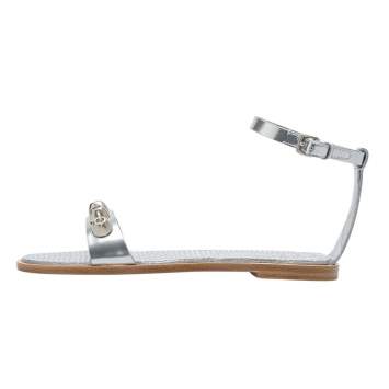Pre Owned Miu Miu Metallic Silver Leather Studded Ankle Strap Flat Sandals Size 36