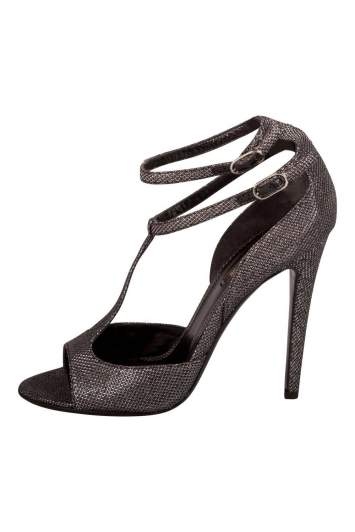 Pre Owned Roberto Cavalli Metallic Black Glitter Fabric T Strap Double Buckle Sandals Size 38.5