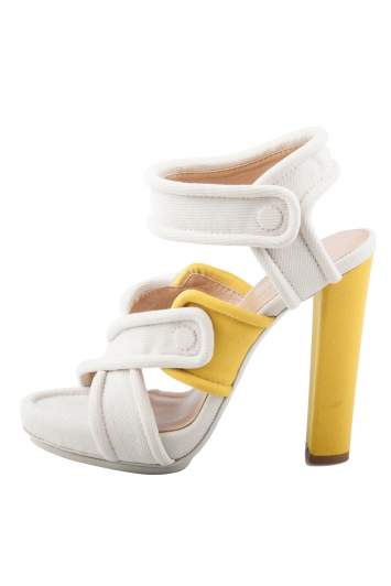Pre Owned Balenciaga Cream Fabric Criss-Cross Straps Platform Block Heel Sandals 37.5