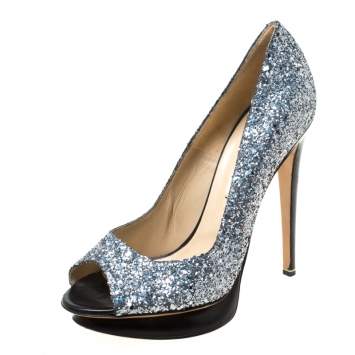 Pre Owned Nicholas Kirkwood Silver/Black Glitter Leather Double Platform Peep Toe Pumps Size 38