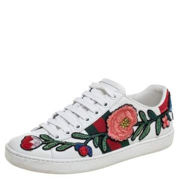Pre Owned Gucci White Leather Floral Embroidered Ace Sneakers Size 34