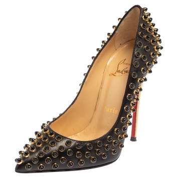 Pre Owned Christian Louboutin Black Leather Follies Cabo Studded Pumps Size 34.5