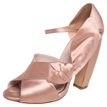 Pre Owned Miu Miu Beige Satin Bow Detail Ankle Strap Block Heel Pumps Size 36
