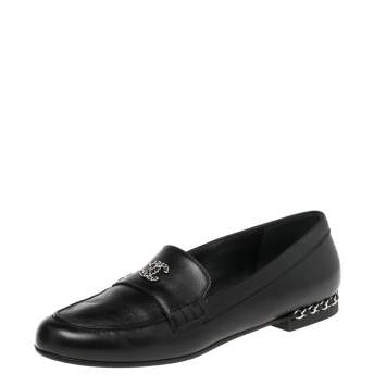 Pre Owned Chanel Black Leather Chain  Loafers Size 40