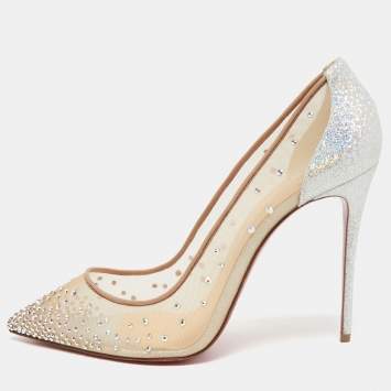 Pre Owned Christian Louboutin Beige Mesh and Leather Follies Strass Pumps Size 40.5