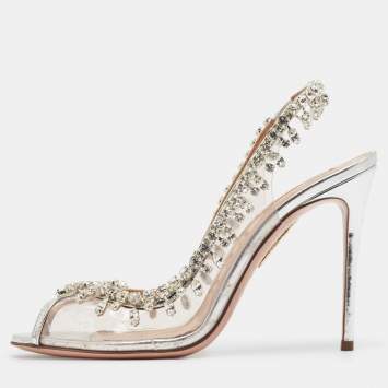 Pre Owned Aquazzura Silver PVC And Leather Temptation Crystal Sandals Size 38
