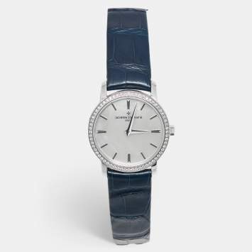 Pre Owned Vacheron Constantin Tradionnelle 25558/000G-B White Mother Of Pearl Dial Diamond 18K White Gold Alligator Leather Women's Wristwatch 30 mm