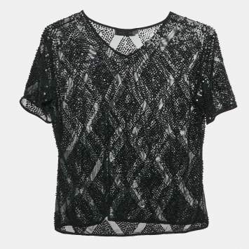 Pre Owned Valentino Miss V Black Sequin Embellished Jersey Top M