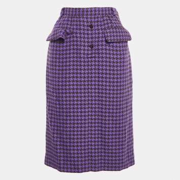 Pre Owned Valentino Miss V Purple/Black Houndstooth Wool Midi Skirt L