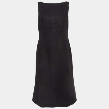 Pre Owned Valentino Miss V Black Linen V-Neck Sleeveless Sheath Dress M