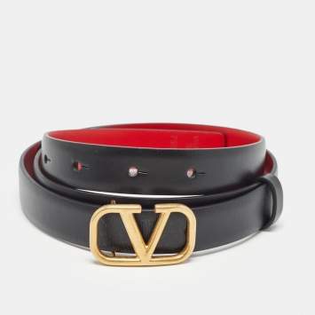 Pre Owned Valentino Black/Red Leather Vlogo Slim Buckle Belt 75CM