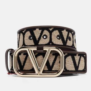 Pre Owned Valentino Brown/Beige Iconographe Canvas and Leather VLogo Reversible Belt 75CM