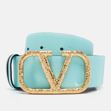 Pre Owned Valentino Green/Turquoise Leather VLogo Reversible Belt 100CM