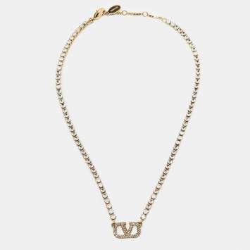 Pre Owned Valentino VLogo Signature Crystals Gold Tone Necklace