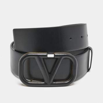 Pre Owned Valentino Black Leather VLogo Reversible Buckle Belt 75CM