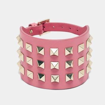 Pre Owned Valentino Rockstud Wide Leather Gold Tone Bracelet