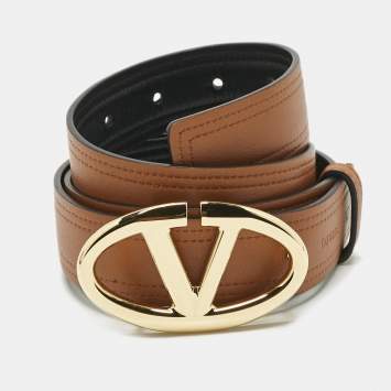 Pre Owned Valentino Brown/Black Leather VLogo Buckle Reversible Belt 75 CM