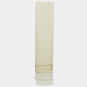 Pre Owned Valentino Gold Monogram Lurex Jacquard Fringed Scarf 