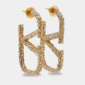Pre Owned Valentino VLogo Crystals Gold Tone Earrings