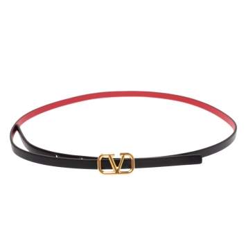 Pre Owned Valentino Black/Red Leather Reversible Narrow V Logo Belt 70CM
