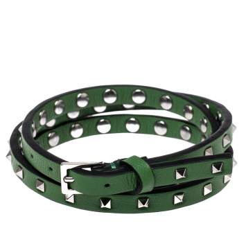 Pre Owned Valentino Green Leather Mini Rockstud Gunmetal Tone Triple Wrap Bracelet
