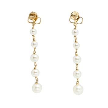 Pre Owned Valentino Gold Tone Faux Pearl VLOGO Drop Earrings
