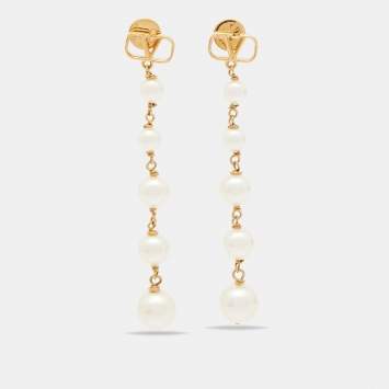 Pre Owned Valentino Gold Tone Faux Pearl VLogo Drop Earrings